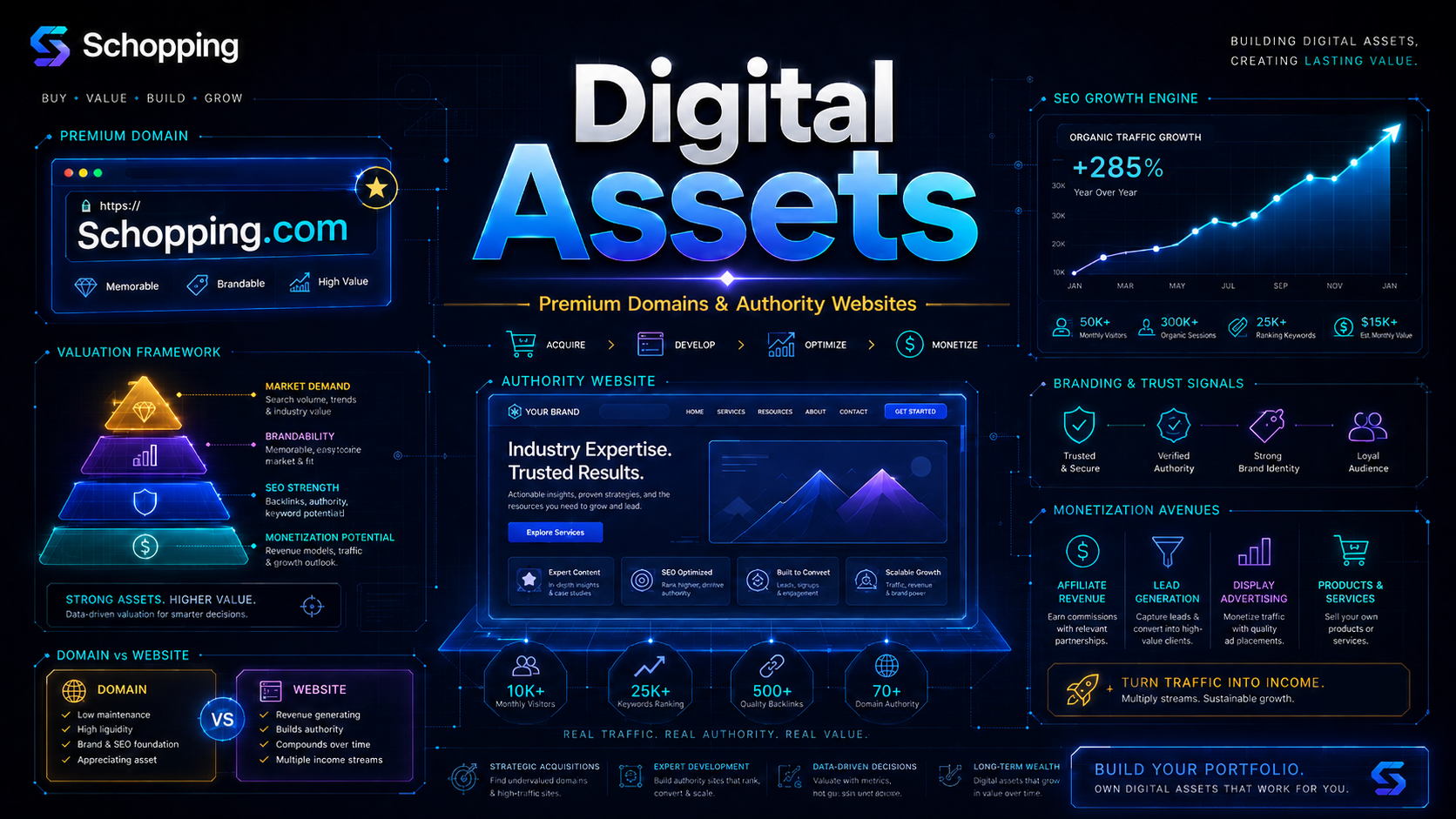 Precision Shopping Center | Fast & Simplified 2 Digital assets infographic showing Schopping.com, premium domain names, authority websites, SEO growth, valuation framework and monetization paths.