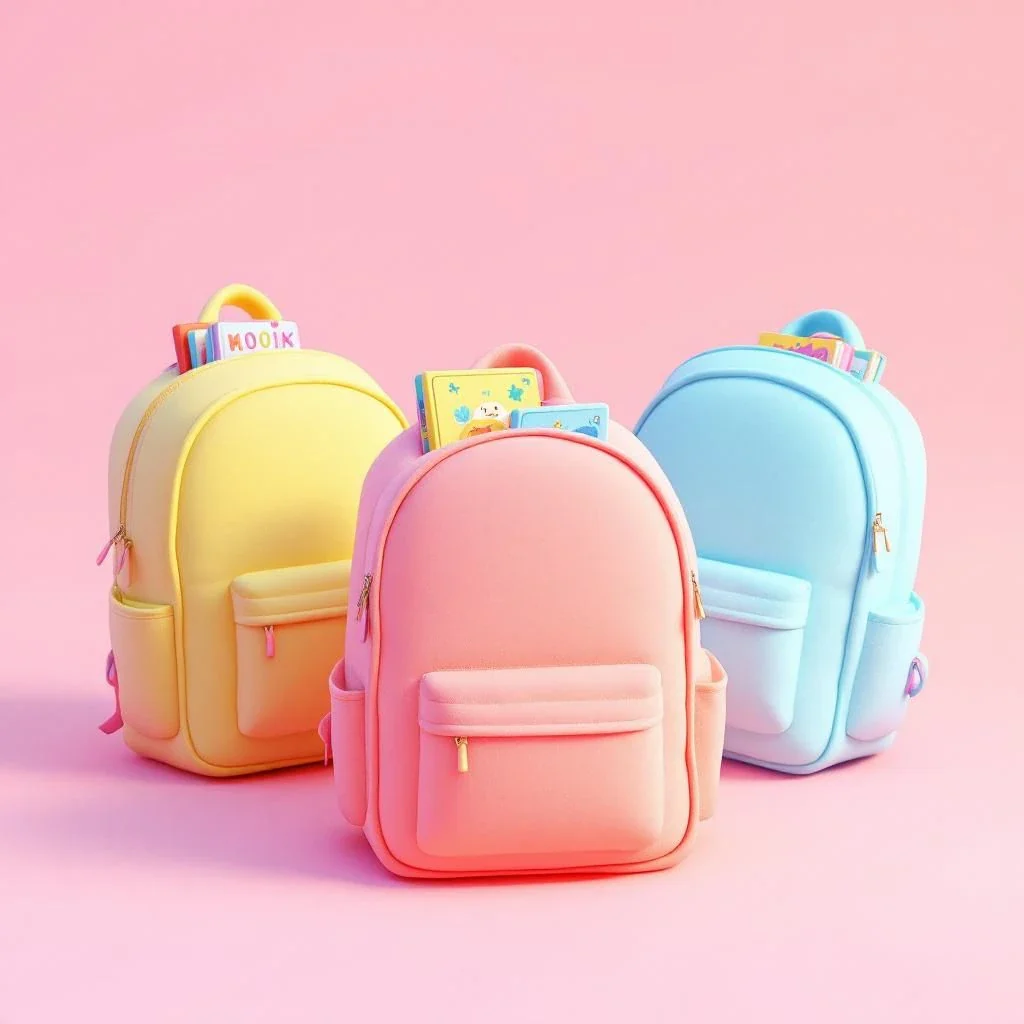 three beautiful kids backpack with books in it