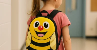 girl with her smiling bee because she tried the schopping.com shop kids backpacks deals