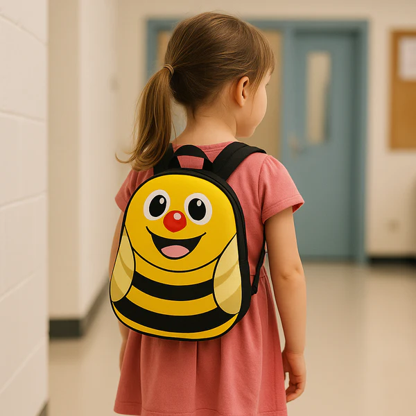 girl with her smiling bee because she tried the schopping.com shop kids backpacks deals