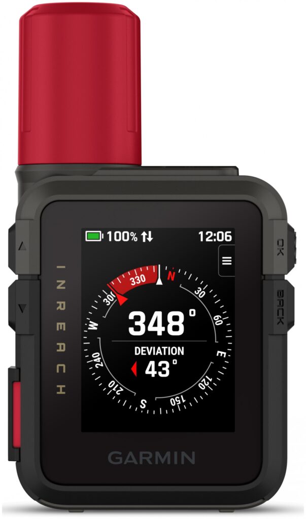 Garmin inReach Mini 3 satellite communicator, in black and red color, with color touchscreen.