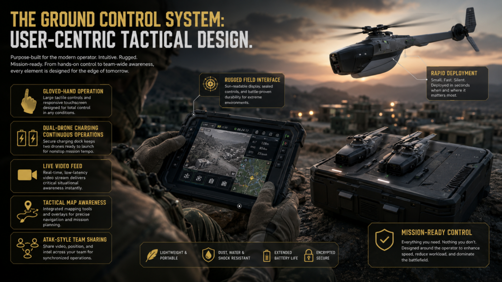 Black Hornet 4 ground control system with rugged tactical tablet, dual-drone charging dock, and live battlefield reconnaissance interface used by a military operator.