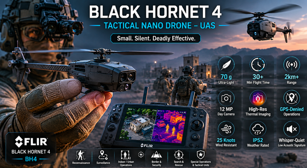 Black Hornet 4 tactical nano drone held by a soldier with thermal imaging, day camera, 70 gram weight, GPS-denied operation, and reconnaissance features shown in a military field scene.