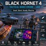 Black Hornet 4 tactical nano drone held by a soldier with thermal imaging, day camera, 70 gram weight, GPS-denied operation, and reconnaissance features shown in a military field scene.