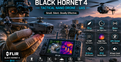 Black Hornet 4 tactical nano drone held by a soldier with thermal imaging, day camera, 70 gram weight, GPS-denied operation, and reconnaissance features shown in a military field scene.