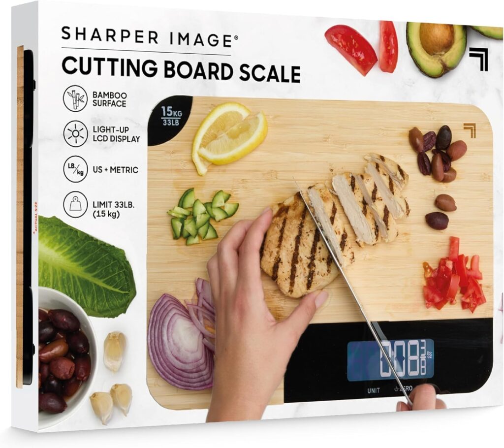 Close up of vegetables on a high-quality digital scale wood cutting board.