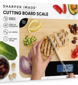 Close up of vegetables on a high-quality digital scale wood cutting board.