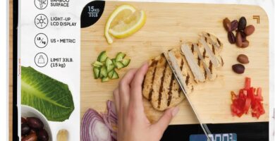 Close up of vegetables on a high-quality digital scale wood cutting board.