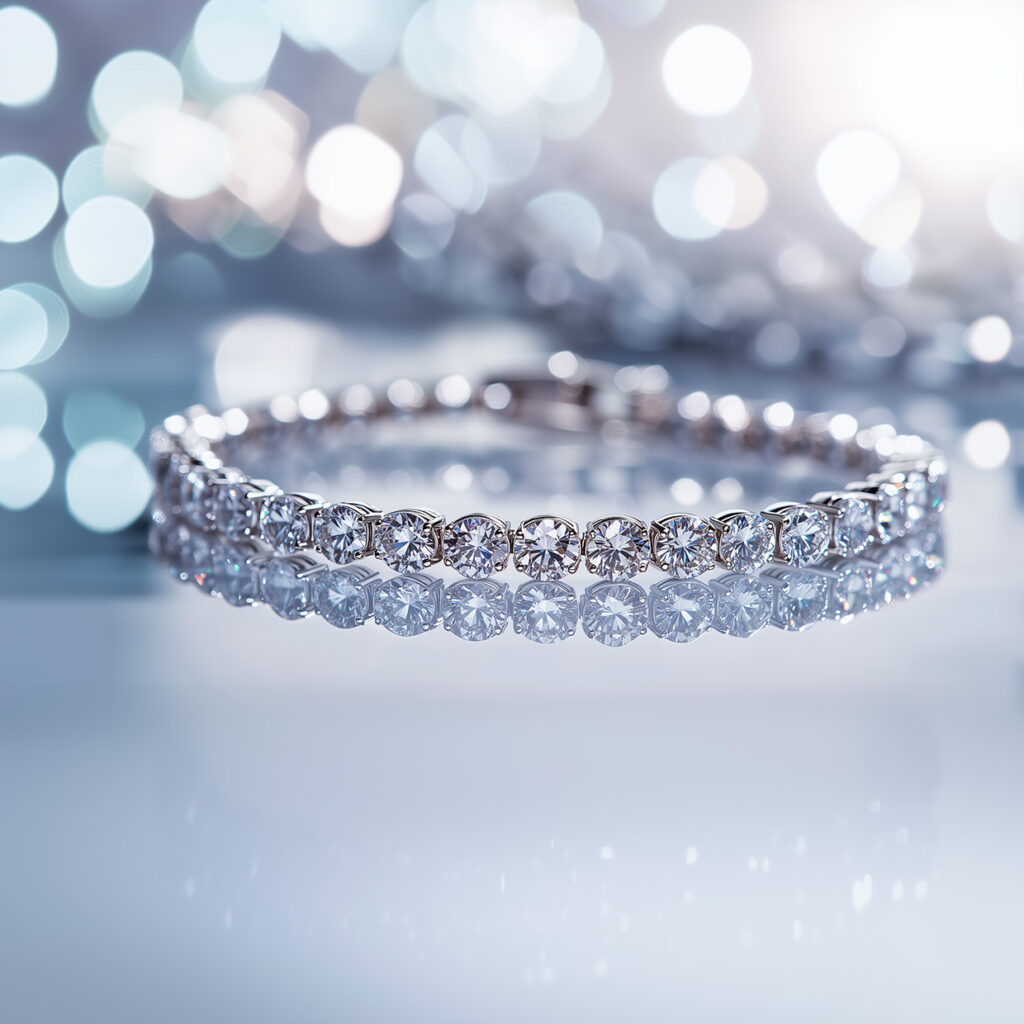 A charming bright diamond tennis bracelet reflecting light