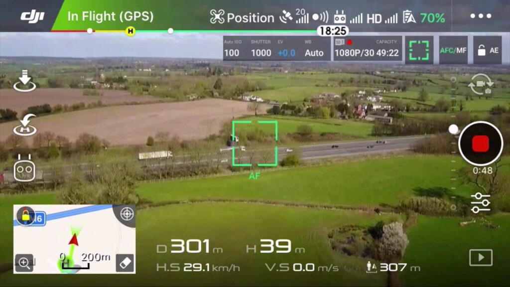 Screenshot of DJI GO 4 app interface showing camera settings for professional uav drone photography