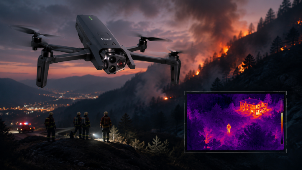 Parrot ANAFI USA Review 2026: Secure, Portable, Thermal and Mission-Ready sUAS 3 Thermal imaging drone flying over a wildfire rescue scene with firefighters and infrared FLIR display showing heat signatures near a building.