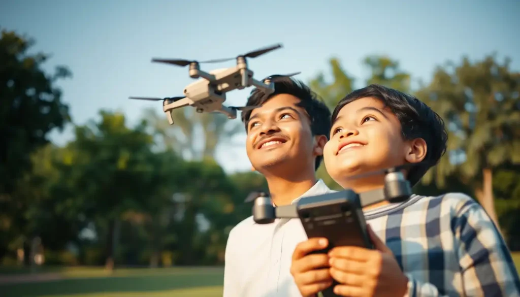 Child playing with a hand-operated drone mini