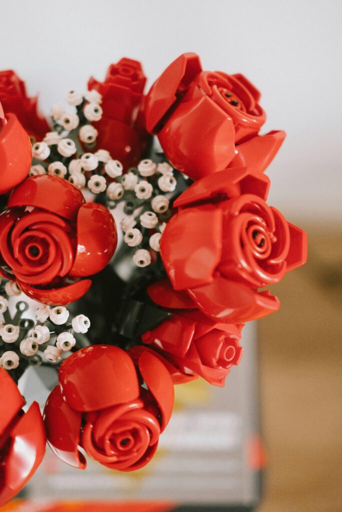 lego flower bouquet of red roses looking real and pleasant
