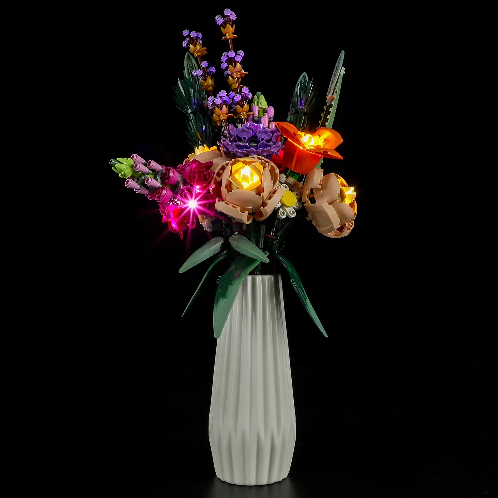 lego botanical collection of mixed floral, with lighting, looking real and pleasant.