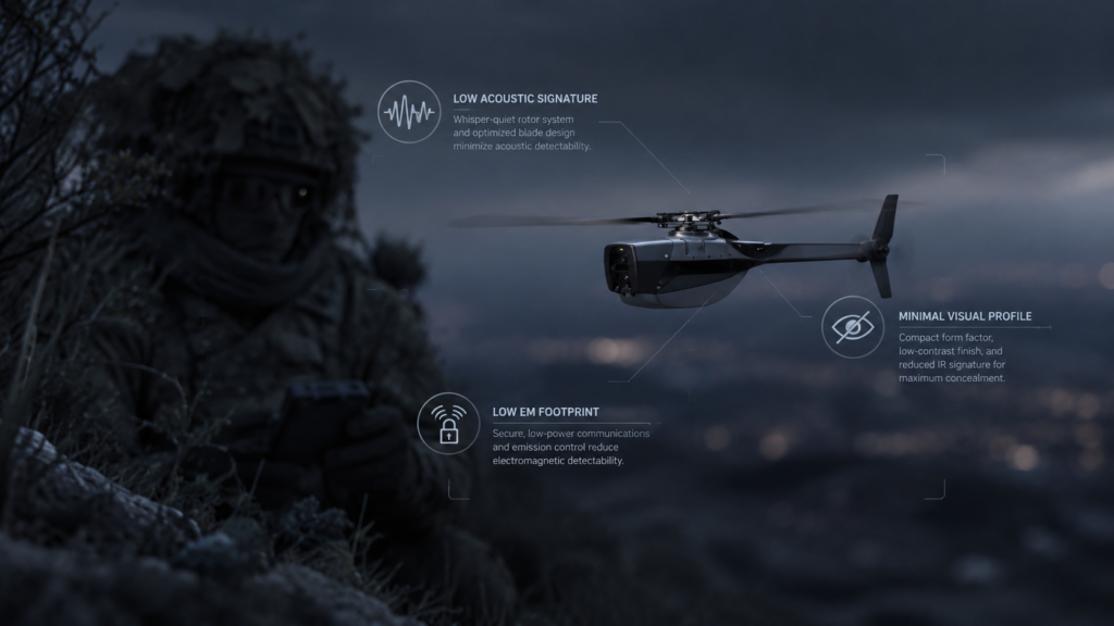 Stealth military nano drone flying silently at dusk with low acoustic, visual, and electromagnetic signature callouts beside a concealed tactical operator.