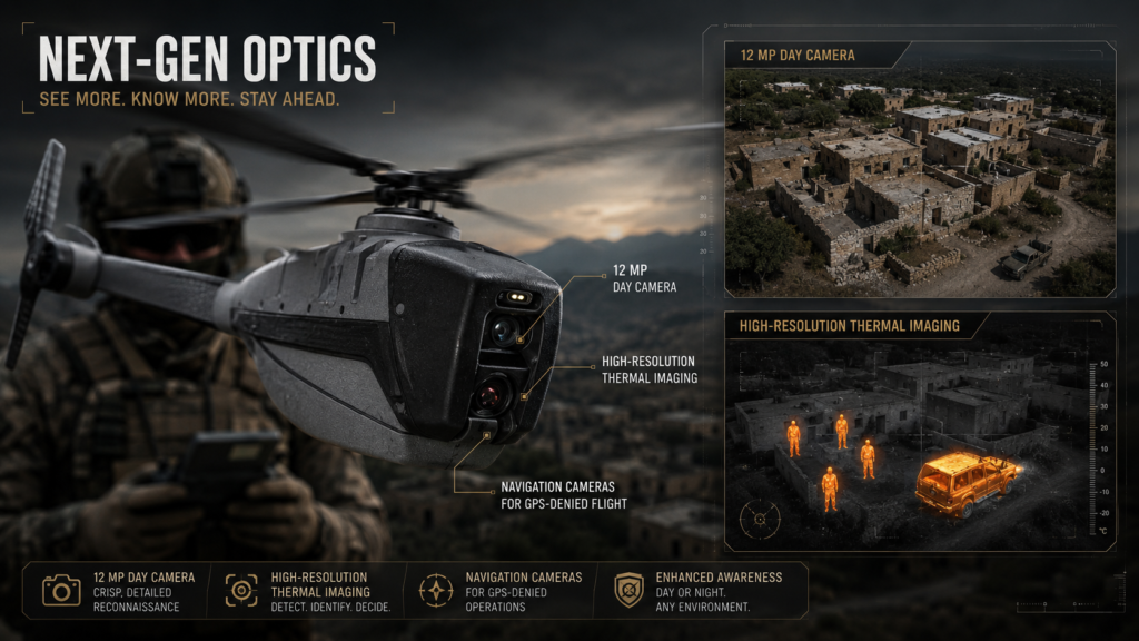 Tactical nano drone with 12MP daylight camera and high-resolution thermal imaging system, showing daytime reconnaissance view and thermal detection panel in a military setting.