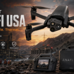 Parrot ANAFI USA secure thermal drone flying over an industrial emergency scene with controller, rugged case, FLIR thermal display, 32x zoom, IP53, and NDAA compliant features.