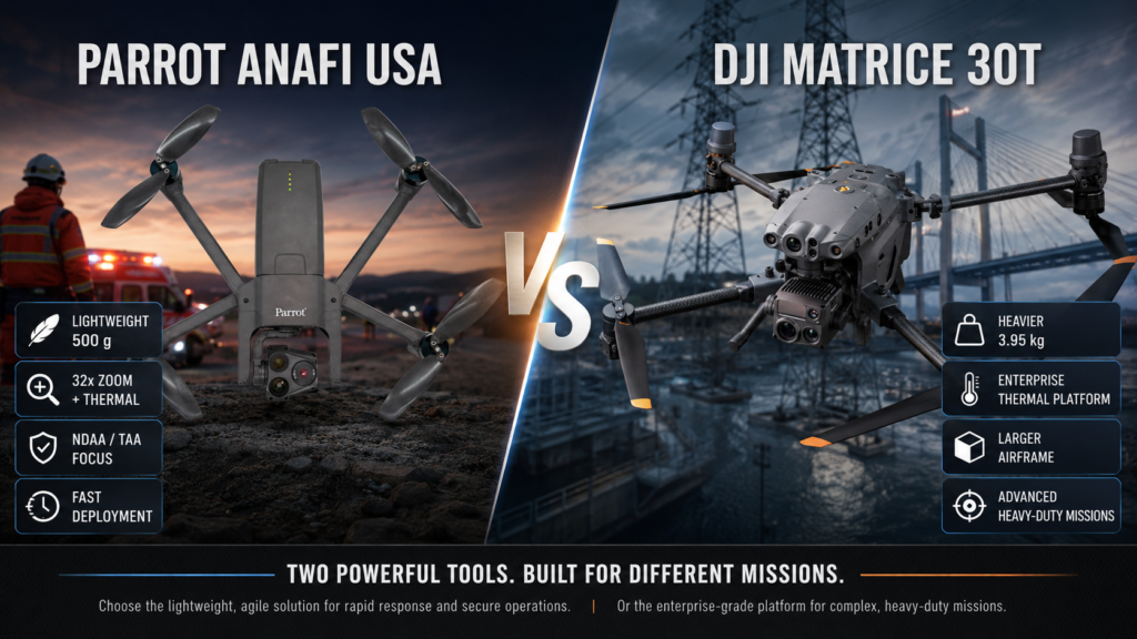 Parrot ANAFI USA Review 2026: Secure, Portable, Thermal and Mission-Ready sUAS 4 Side-by-side comparison image of Parrot ANAFI USA and DJI Matrice 30T drones, highlighting lightweight secure deployment versus larger heavy-duty enterprise thermal capabilities.