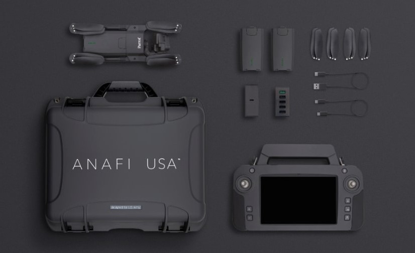 Parrot ANAFI USA suas folded with box, controller and other accessories.