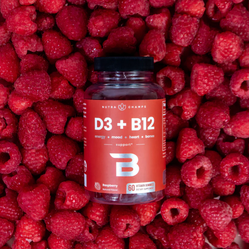 Vitamin B12 and D3 gummy in strawberry flavor for energy.