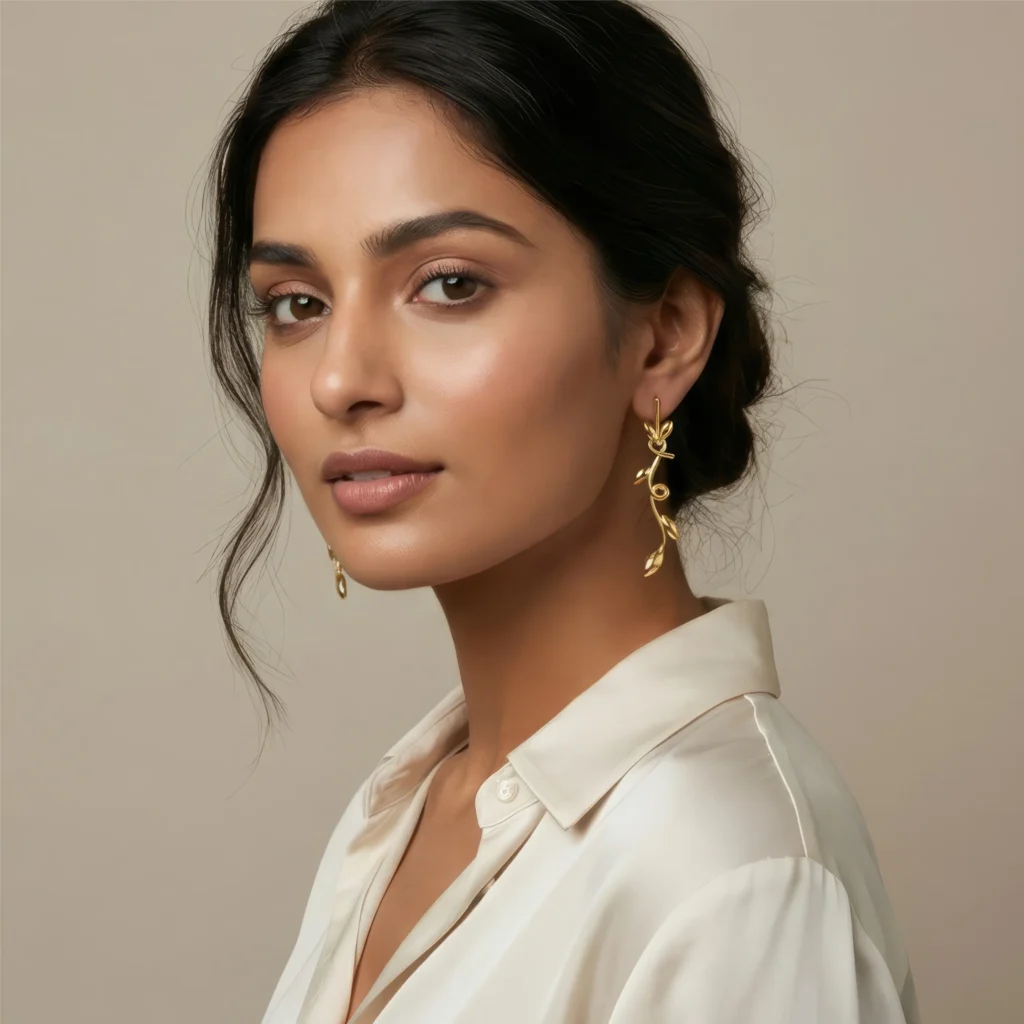 Woman wearing handcrafted gold wearable art earrings with abstract fluid shapes for a modern artistic look.