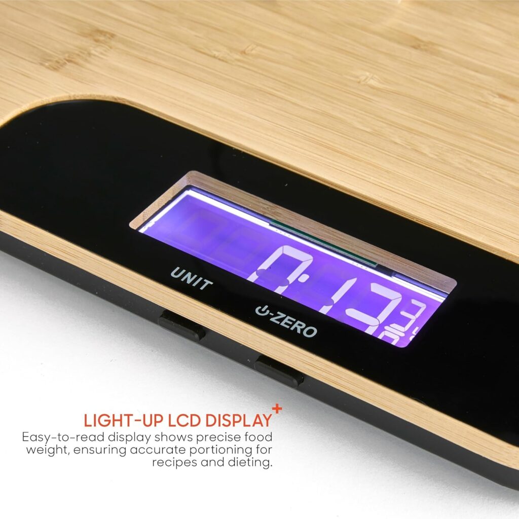 Digital food scale reading on a bamboo wood chopper board.