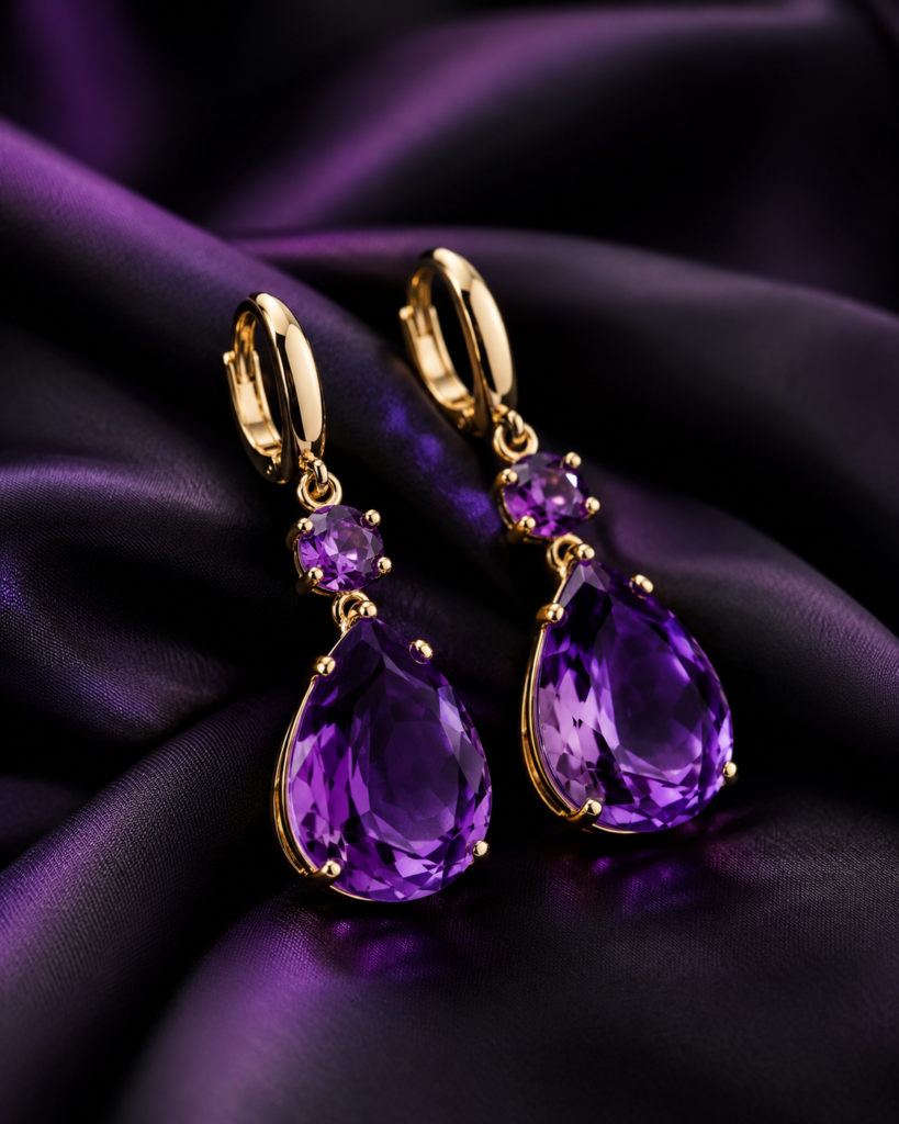Luxury Earrings as Wearable Art | Diamond earrings, Sculptural Jewelry, Goth jewelry, Ear Cuffs & Amethyst Earrings 50 Amethyst drop earrings in gold setting on black silk with soft purple light and faceted purple gemstones