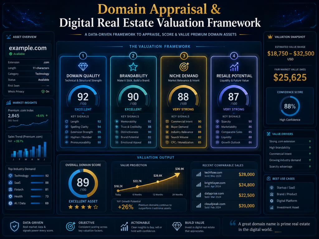 Atom Premium Domains Explained: Should You Buy High-Value Digital Real Estate? 3 Atom domain appraisal and digital real estate valuation framework showing domain quality, brandability, niche demand and resale potential