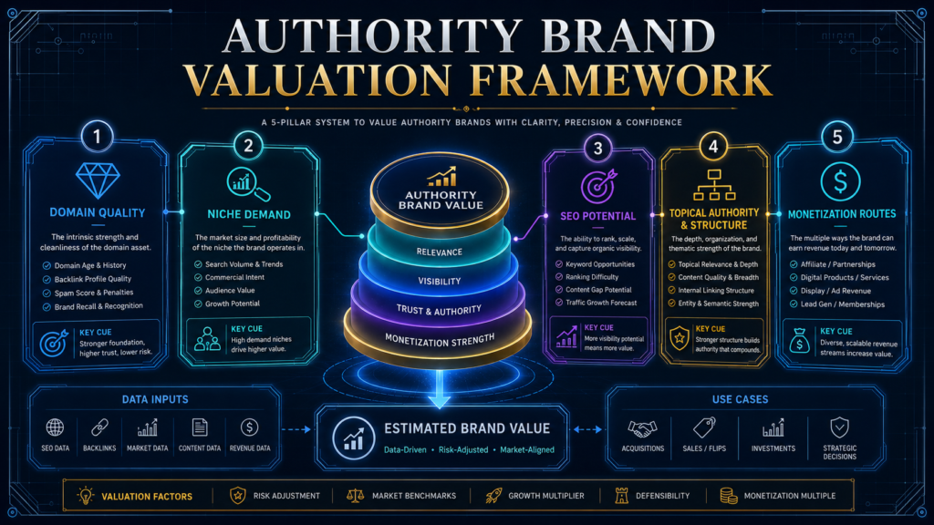 Authority brand valuation framework showing domain quality, niche demand, SEO potential, topical authority, website structure and monetization routes