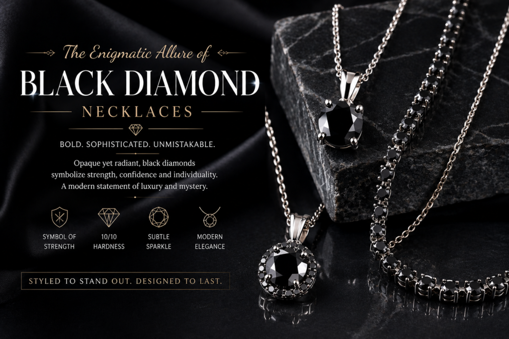Luxury Necklaces 8 Luxury black diamond necklaces hero image featuring black diamond pendant necklaces and a black diamond tennis necklace on a dark elegant background