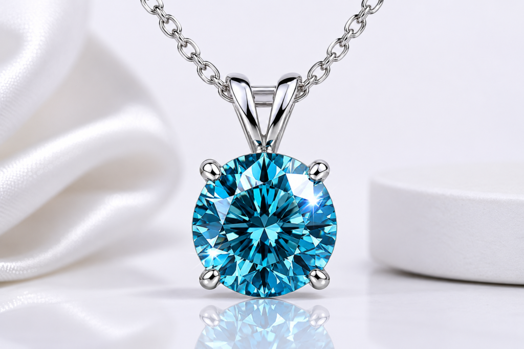Luxury Necklaces 17 Luxury blue diamond solitaire pendant necklace with platinum four-prong setting and silver chain on a clean white background