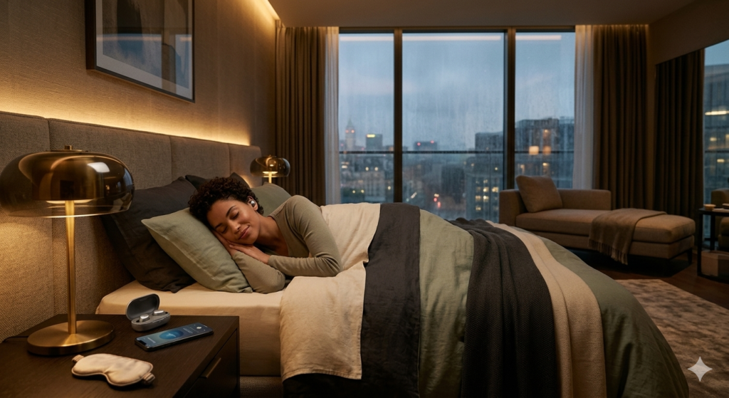 Sleep Tech: The Smart 2026 Bedroom Revolution for Deeper, Restorative Sleep. 2 Premium sound and light therapy device with a warm LED spiral interface, positioned for evening use on a wooden bedside table. Designed for non-pharmacological sleep induction and circadian rhythm regulation, next to a notebook and mug in a tranquil sleeping space.