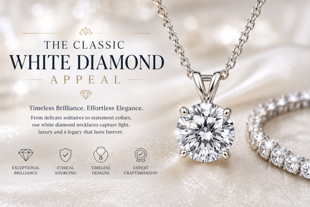 Luxury Necklaces 3 Classic white diamond necklace hero image featuring a solitaire pendant and diamond tennis necklace on soft luxury satin