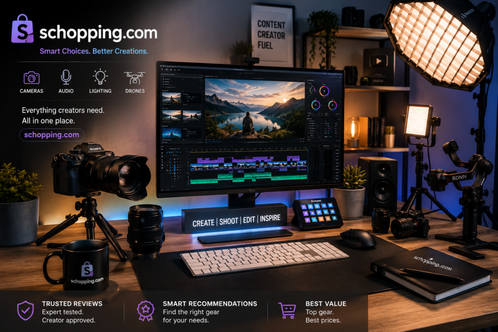 Creator Gear Guide 2026: Best Cameras, Streaming & Creator Setups 6 Professional creator workstation with mirrorless camera, studio lighting, editing monitor, streaming gear and Schopping.com branding for YouTube and TikTok content creators in 2026