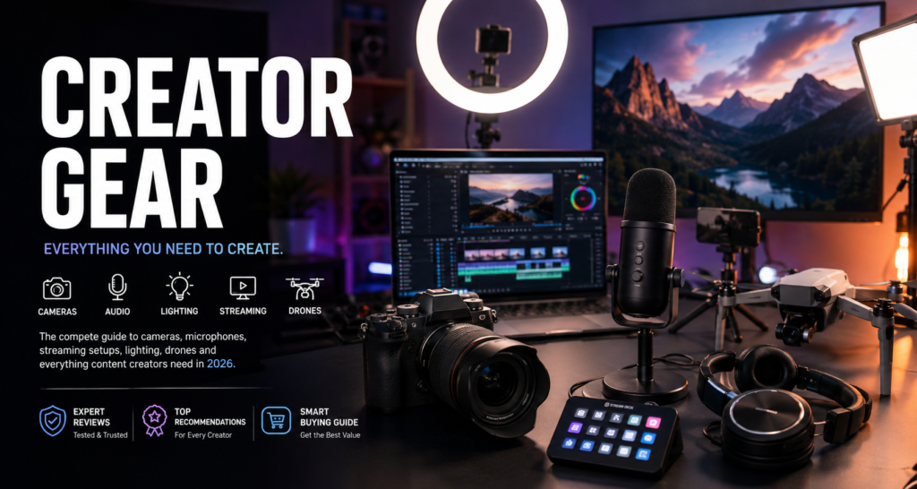 Creator Gear Guide 2026: Best Cameras, Streaming & Creator Setups 1 Creator gear setup with mirrorless camera, streaming microphone, ring light, editing monitor, drone and podcast equipment for YouTube creators and streamers in 2026