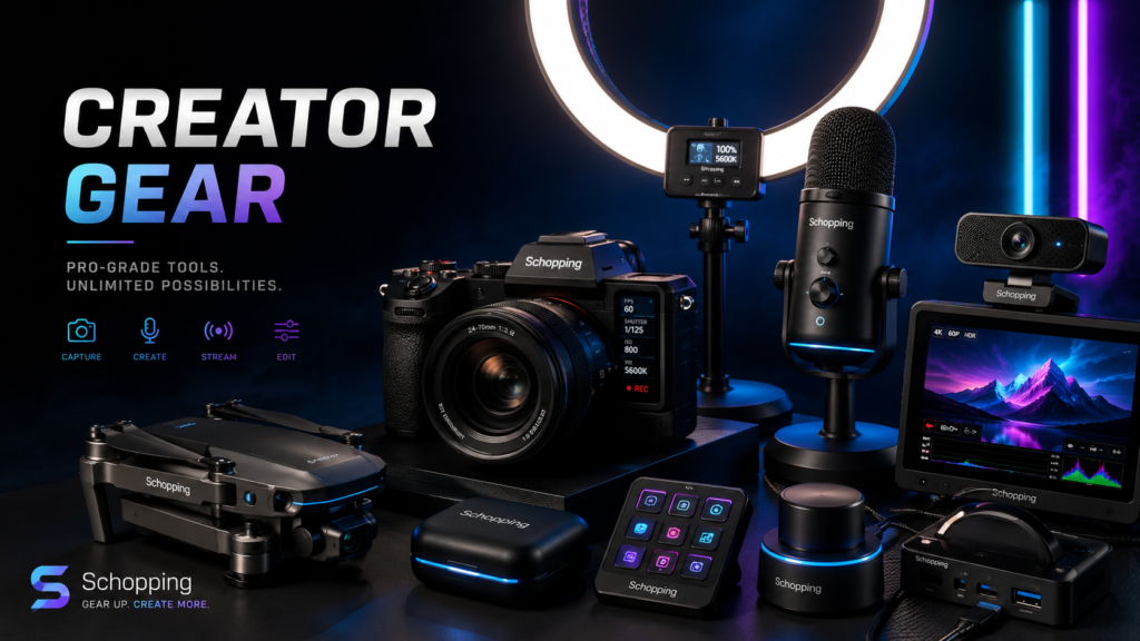 Creator Gear for Cameras, Streaming, Podcasting and Content Creation Creator gear hero image showing Schopping branded camera, microphone, drone, ring light, webcam, editing screen and streaming equipment for content creators