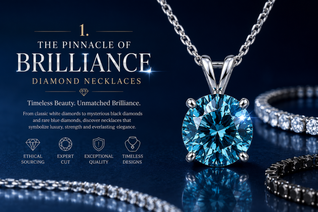 Luxury Necklaces 2 Luxury diamond necklaces hero image featuring a blue diamond pendant, white diamond tennis necklace, and black diamond bracelet on a dark navy background