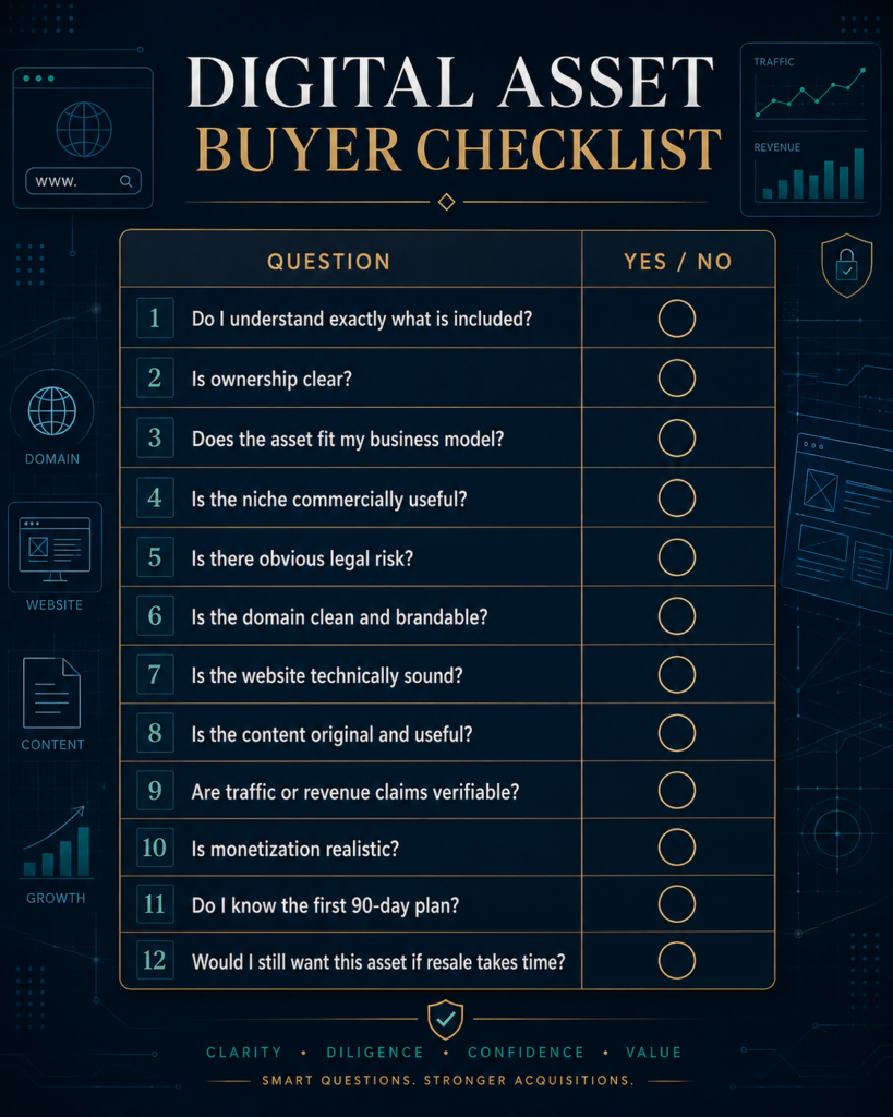 Digital Asset Buyer Checklist for Smarter Acquisitions Digital asset buyer checklist infographic showing due diligence questions for ownership, business fit, legal risk, domain quality, technical health, content originality, traffic claims, monetization and 90-day planning
