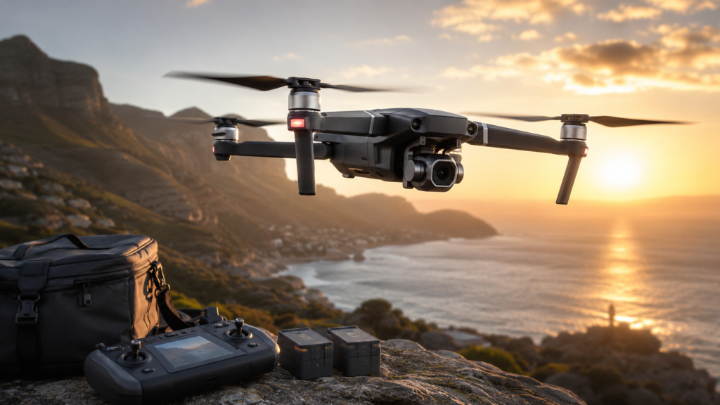 Prosumer camera drone flying over a dramatic coastal landscape at sunset with controller, batteries, and creator gear for aerial videography and photography.