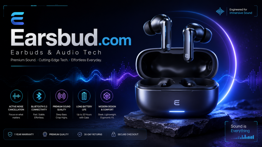 Earsbud wireless earbuds and audio tech seo site brand showing premium sound, active noise cancellation, Bluetooth connectivity, long battery life and modern earbud design
