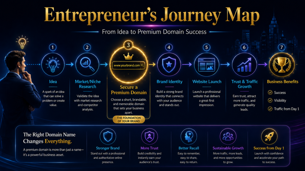 Entrepreneur’s Journey Map from Idea to Premium Domain Success Entrepreneur’s journey map showing idea, market research, premium domain name, brand identity, website launch, traffic growth, visibility and business success