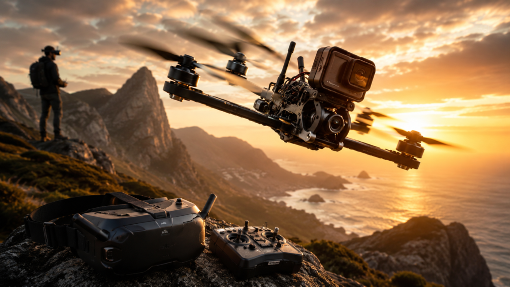 High-speed FPV drone with action camera flying over a dramatic coastal mountain landscape at sunset, with FPV goggles and controller in the foreground.
