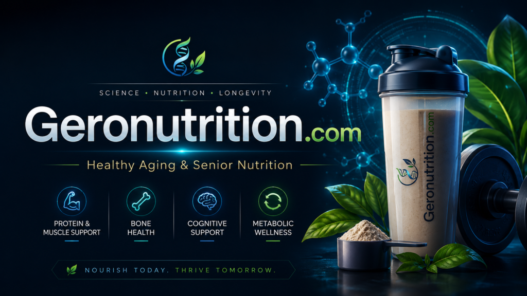 Geronutrition healthy aging and senior nutrition seo website brand showing protein muscle support, bone health, cognitive support and metabolic wellness