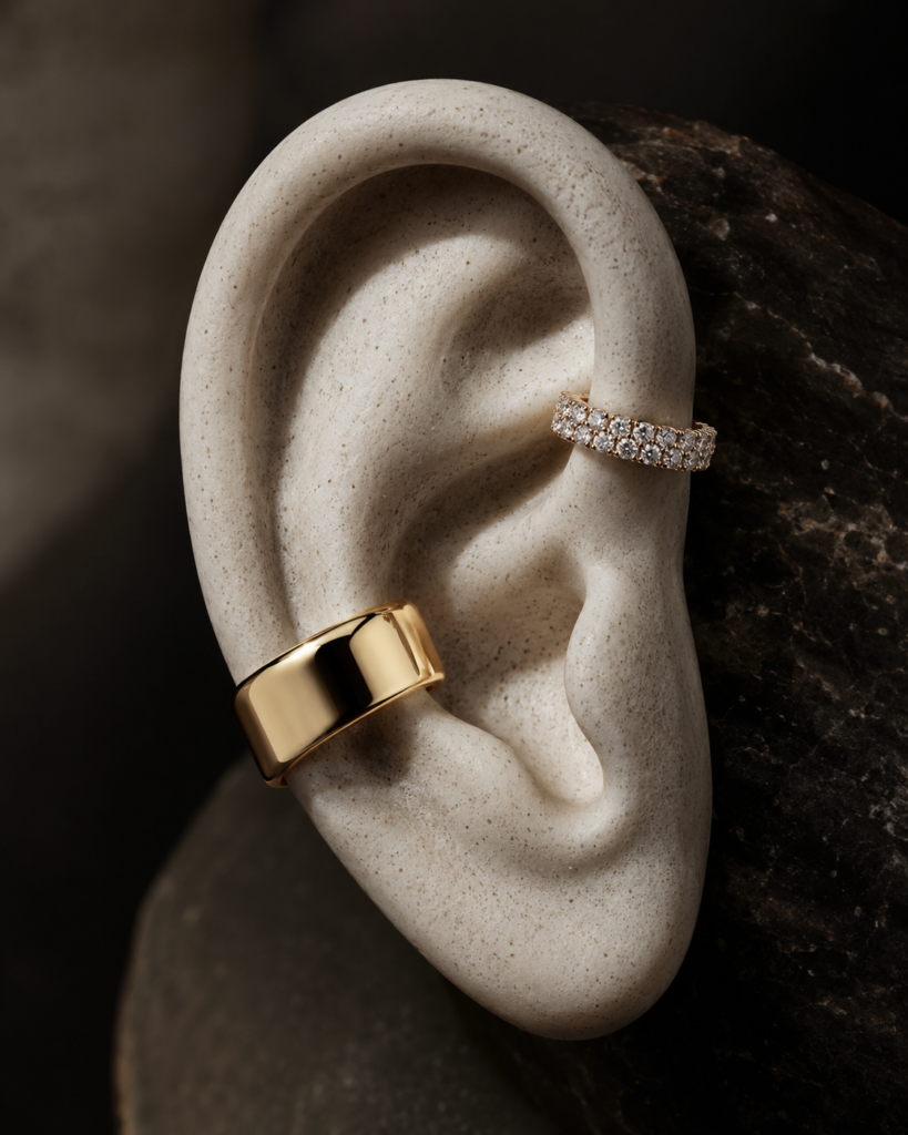 Luxury Earrings as Wearable Art | Diamond earrings, Sculptural Jewelry, Goth jewelry, Ear Cuffs & Amethyst Earrings 21 Gold ear cuffs and diamond cartilage cuff displayed on a sculptural ceramic ear form in a luxury earrings editorial jewelry setting