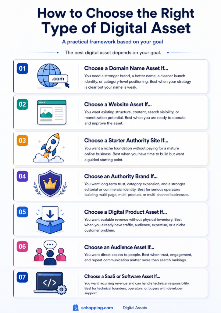 Infographic showing how to choose the right type of digital asset, including domain names, website assets, starter authority sites, authority brands, digital products, audience assets, and SaaS or software assets.