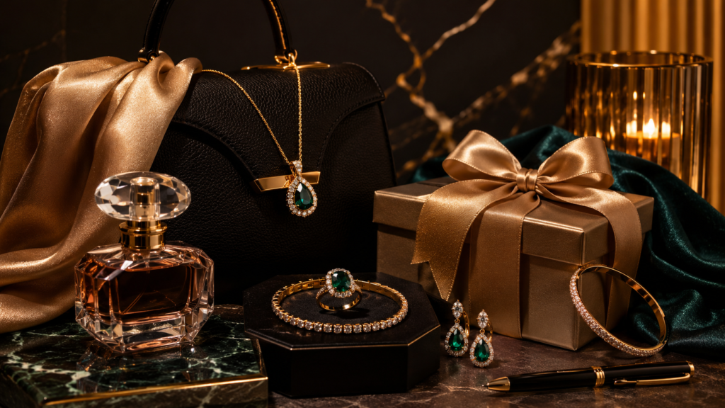 Precision Shopping Center | Fast & Simplified 10 Luxury lifestyle still life showing fine jewelry, necklace, ring, bracelet, earrings, perfume, handbag, gift box and elegant accessories