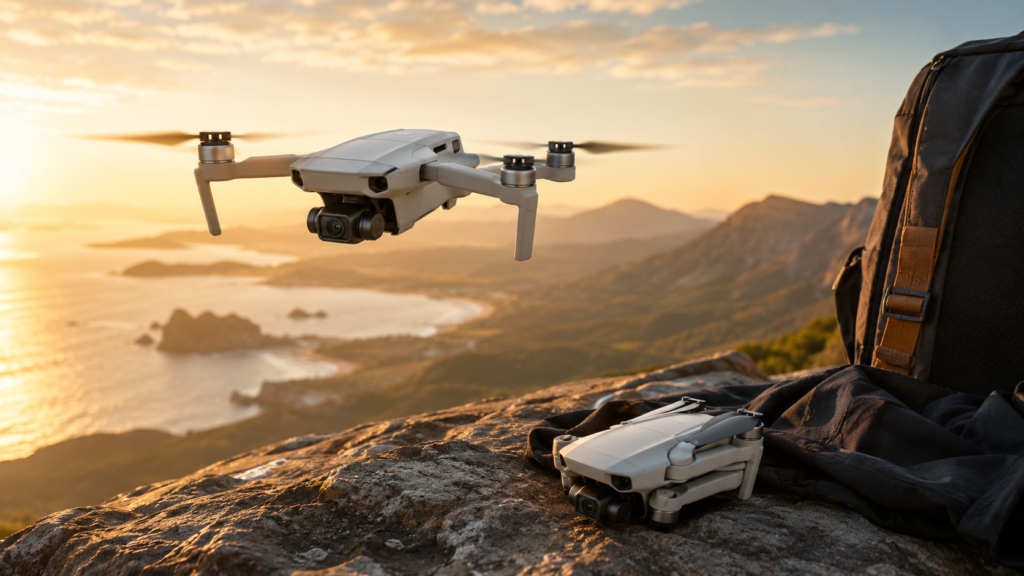 Compact nano and mini drones flying over a scenic coastal mountain landscape, showing portable travel drone technology and regulatory freedom for creators.
