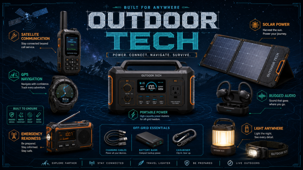 Outdoor Tech: The Complete Guide to Smart Camping, Hiking, Power, Navigation & Off-Grid Gear 1 Outdoor tech blueprint poster showing portable power station, solar charger, satellite communicator, GPS watch, rugged earbuds, emergency radio, lantern and off-grid camping gear
