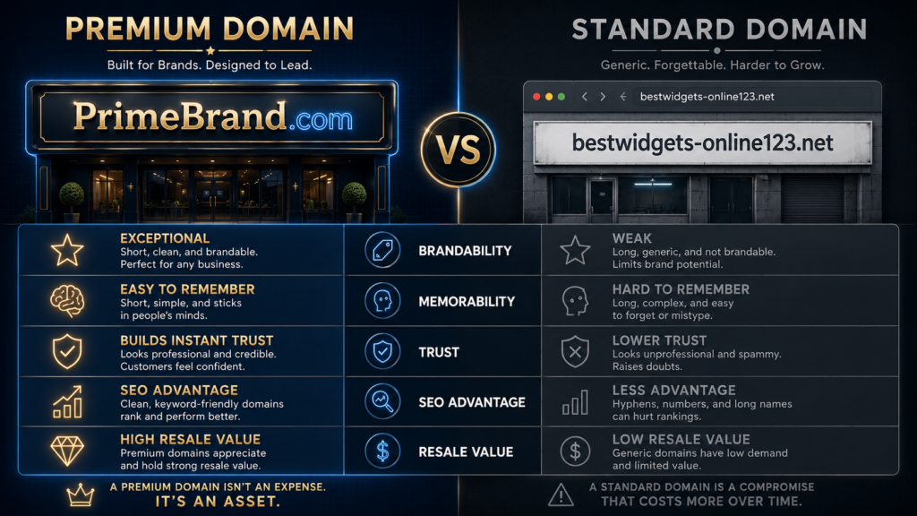 Premium Domain vs Standard Domain Comparison Premium domain vs standard domain comparison showing brandability, memorability, trust, SEO advantage and resale value