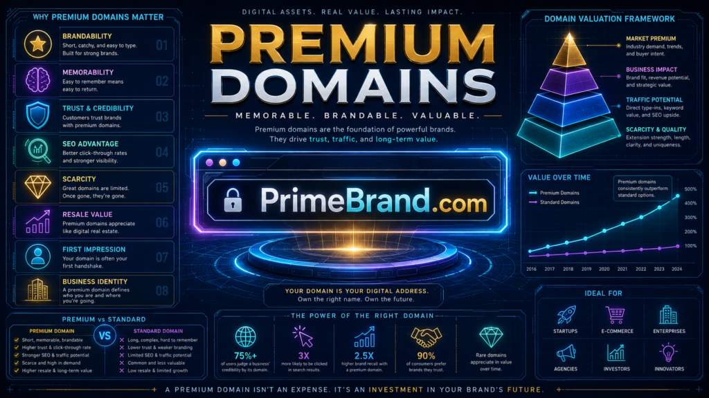 Premium Domains as Valuable Digital Assets Premium domains infographic showing brandability, memorability, trust, SEO advantage, scarcity, resale value, domain valuation and long-term digital asset value